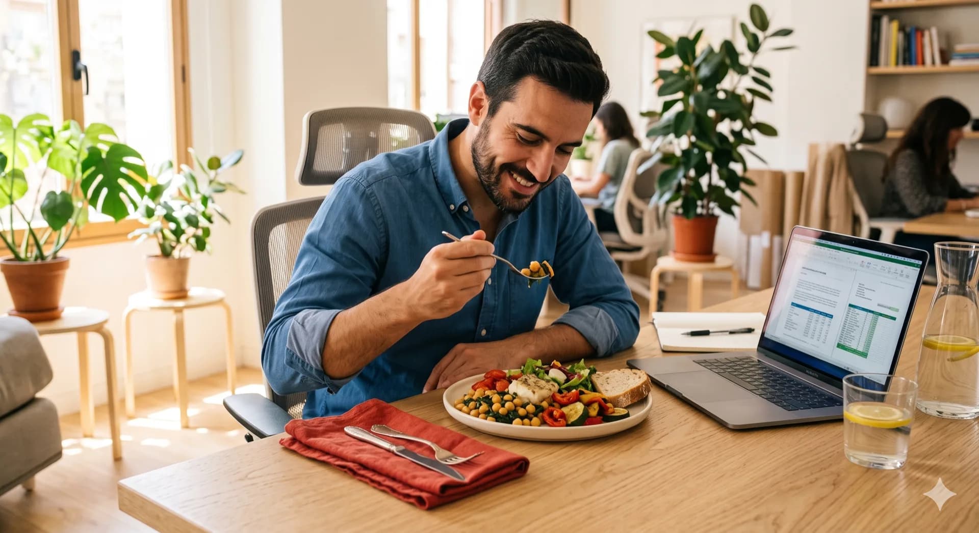 Empleados comiendo juntos el menú del día en la oficina